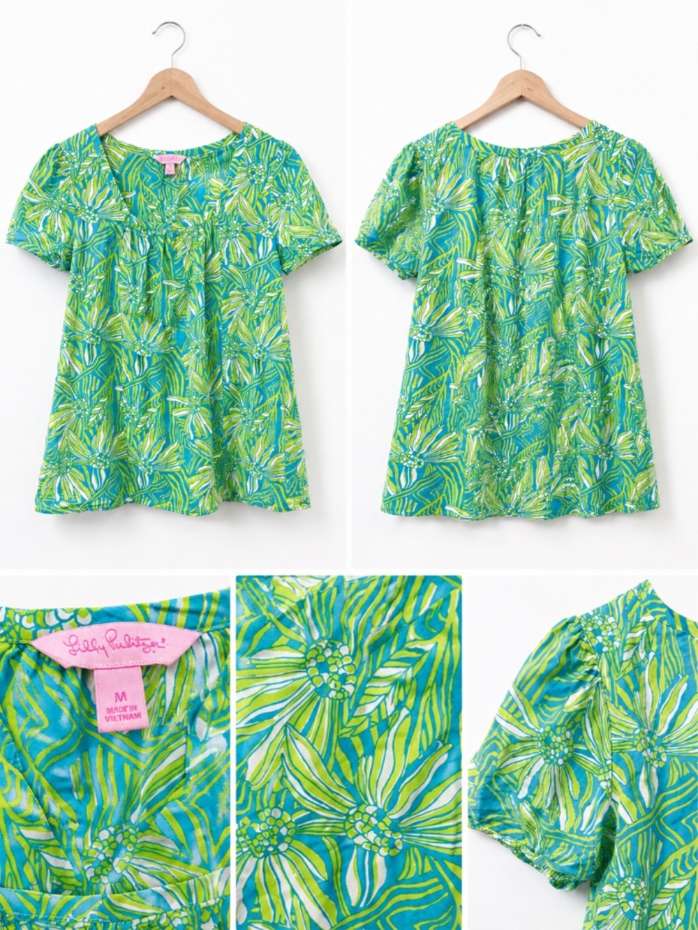 Lilly Pulitzer Green Blue Floral Print Tunic Top Size Medium